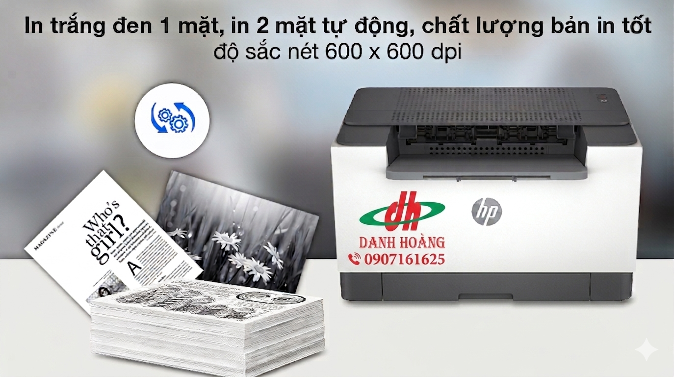 Máy in laser trắng đen HP LaserJet M211d thiết kế nhỏ gọn, hiện đại cho văn phòng.